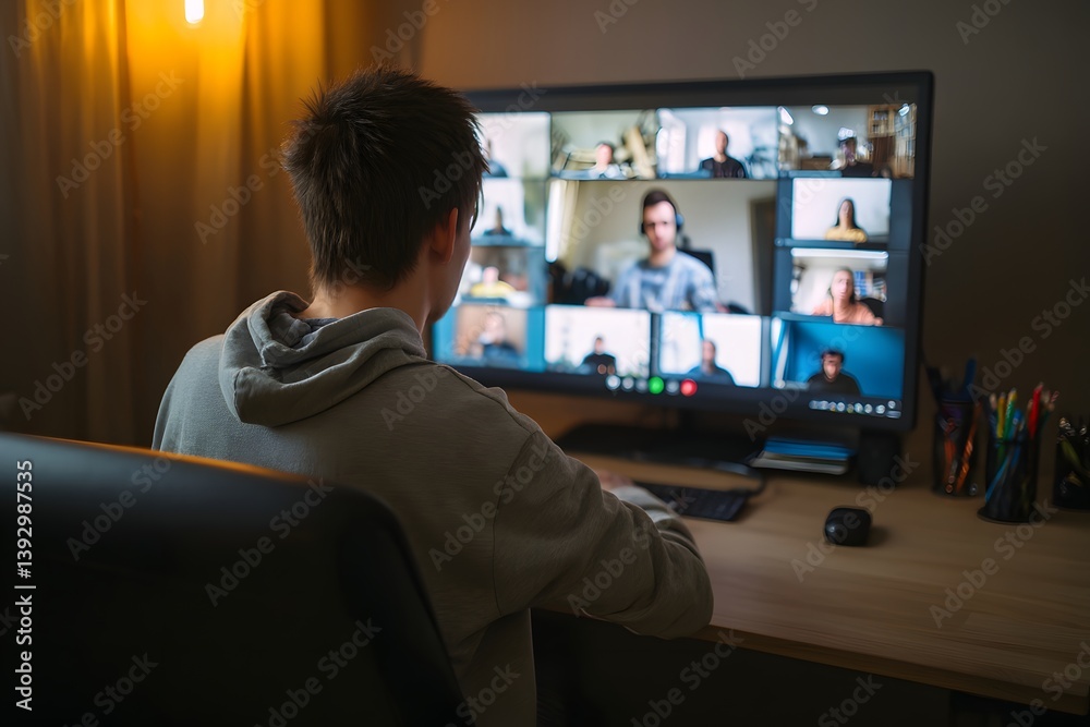 A man sits at his computer, looking at a screen with a video conference of several people taking place. He is focusing on the conversation, and the atmosphere in the room is calm. A man sits at his computer, looking at a screen with a video conference of several people taking place. He is focusing on the conversation, and the atmosphere in the room is calm.