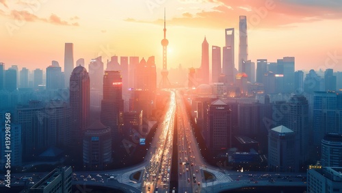 Stunning sunset view of Shanghai's skyline with vibrant city lights and towering skyscrapers. Perfect for showcasing modern urban life and architectural beauty.