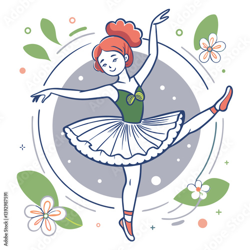 Girl dancing ballet gracefully in a charming setting adorned with flowers and leaves. The concept of discipline and determination