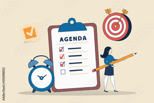 Meeting agenda, priority important task for discussion, objective or purpose to finish, planner or checklist for office work concept, smart business woman hold pencil write meeting agenda with clock.