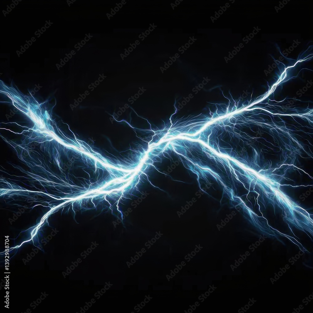 Obraz premium A dynamic display of electric blue lightning bolts crossing against a dark background, creating a visually striking and energetic effect.