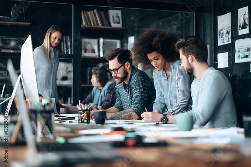 a diverse team of creative professionals collaborating on a project.  They are gathered around a large table, working together to achieve their goal.