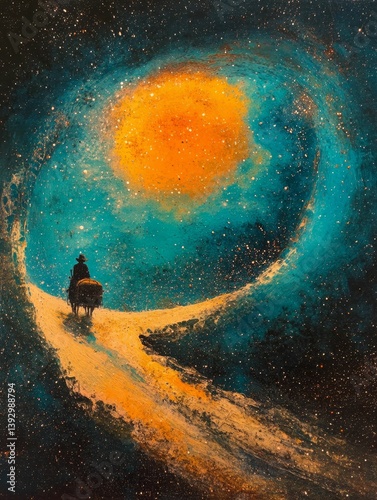 Person rides horse on a path toward a bright light in a dark sky.