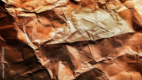 Close-up of a crumpled brown paper texture, providing a rustic and vintage background for design and art projects.