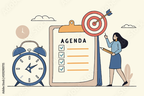 Meeting agenda, priority important task for discussion, objective or purpose to finish, planner or checklist for office work concept, smart business woman hold pencil write meeting agenda with clock.