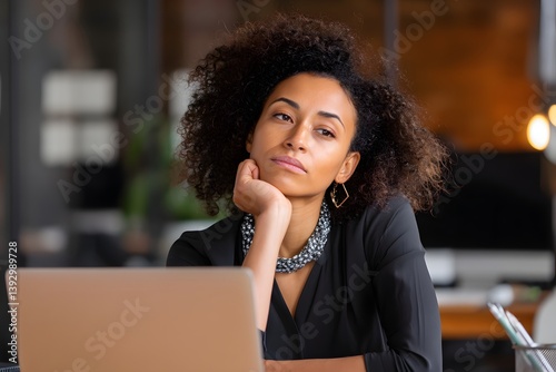 A thoughtful businesswoman looking away from her laptop, lost in contemplation. Her expression is serious and pensive, suggesting deep thought or reflection.