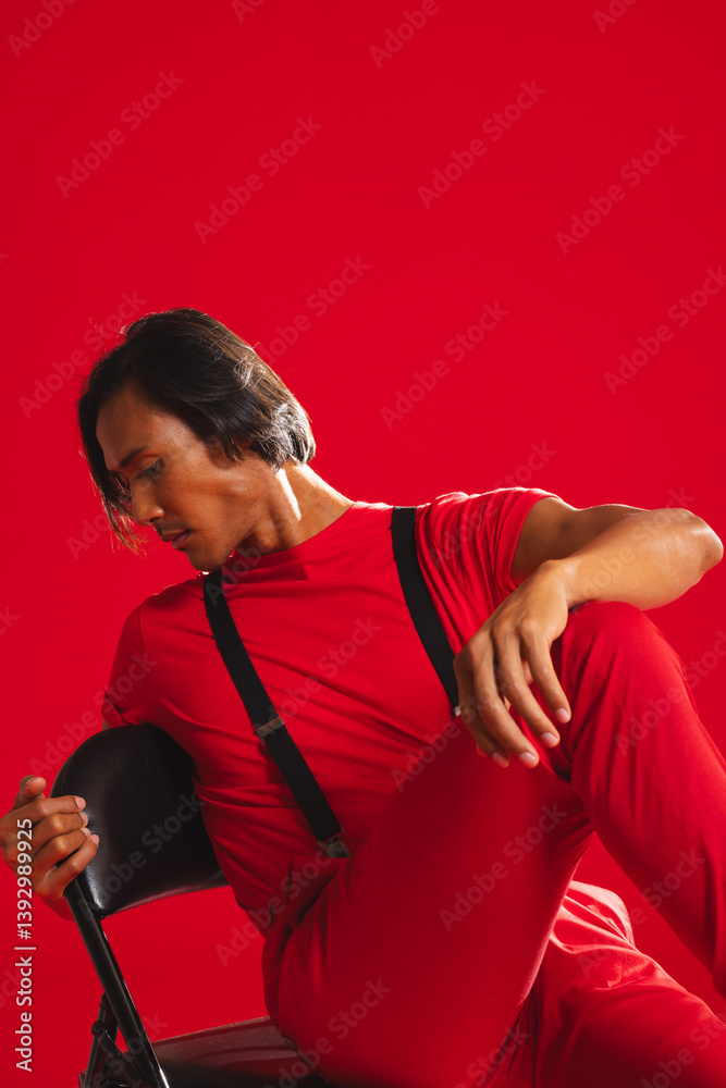 Fashion model in red outfit posing confidently on chair in studio Fashion model in red outfit posing confidently on chair in studio