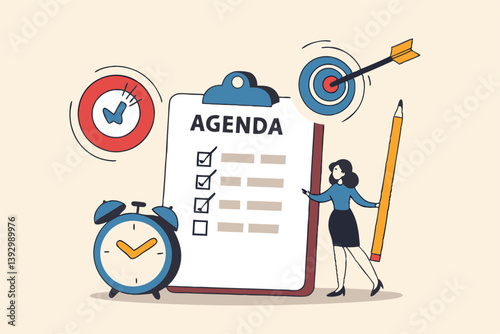Meeting agenda, priority important task for discussion, objective or purpose to finish, planner or checklist for office work concept, smart business woman hold pencil write meeting agenda with clock.