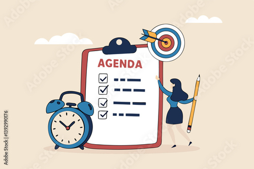 Meeting agenda, priority important task for discussion, objective or purpose to finish, planner or checklist for office work concept, smart business woman hold pencil write meeting agenda with clock.