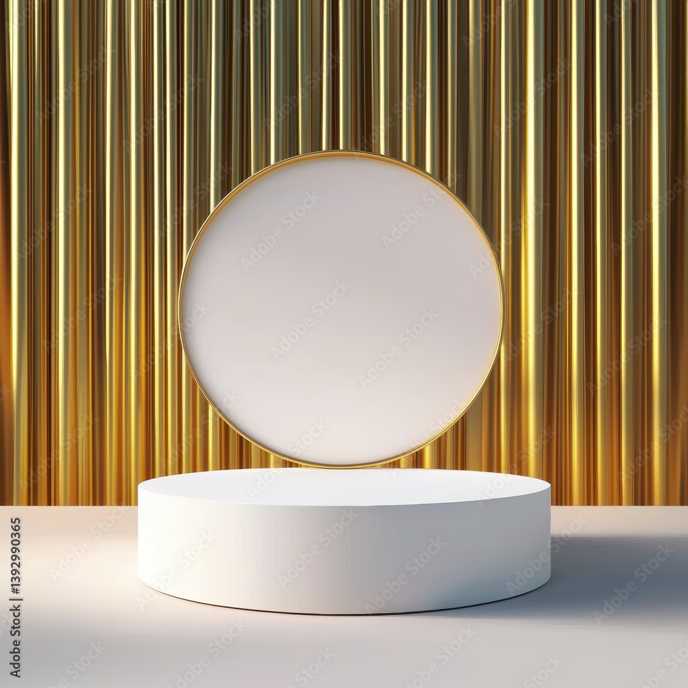 A minimalist display featuring a circular pedestal against a backdrop of golden vertical lines, creating a modern and elegant aesthetic. A minimalist display featuring a circular pedestal against a backdrop of golden vertical lines, creating a modern and elegant aesthetic.