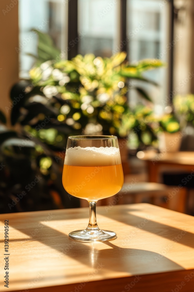 Refreshing Craft Beer Glass on Wooden Table with Natural Light Refreshing Craft Beer Glass on Wooden Table with Natural Light