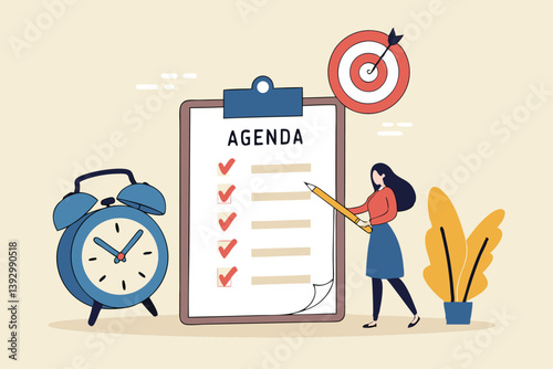 Meeting agenda, priority important task for discussion, objective or purpose to finish, planner or checklist for office work concept, smart business woman hold pencil write meeting agenda with clock.