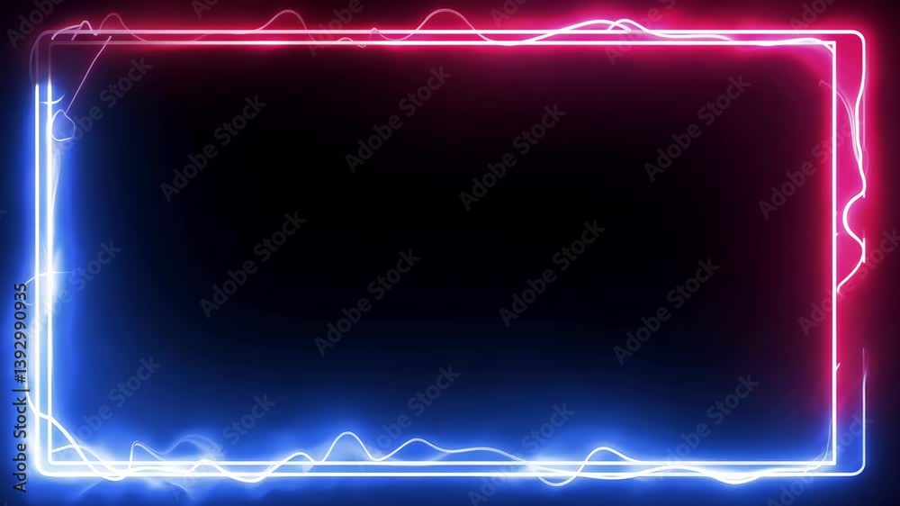 A neon sign with red and blue lights. The sign is rectangular and has a black background. The colors of the sign are bright and eye-catching, making it stand out in the dark
