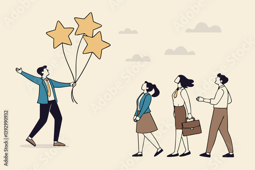 Evaluation, employee appraisal, rating or feedback, stars quality or excellent job, assessment or year end review, giving rating or performance review concept, businessman manager give 5 stars rating.