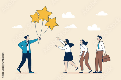 Evaluation, employee appraisal, rating or feedback, stars quality or excellent job, assessment or year end review, giving rating or performance review concept, businessman manager give 5 stars rating.