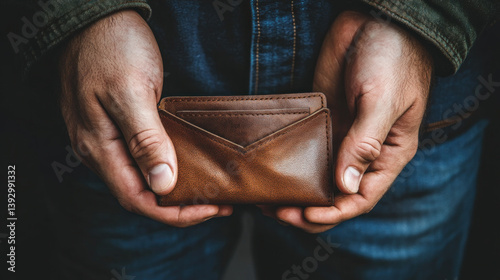 No money. Poverty problem. Financial crisis. Economy bankruptcy. Unrecognizable broke penniless poor man hands revealing empty wallet.