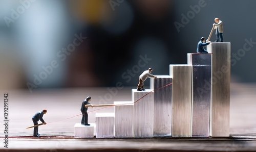 miniature figurines of people pushing and pulling a metal bar to climb a staircase of blocks, symbolizing progress, growth, and teamwork