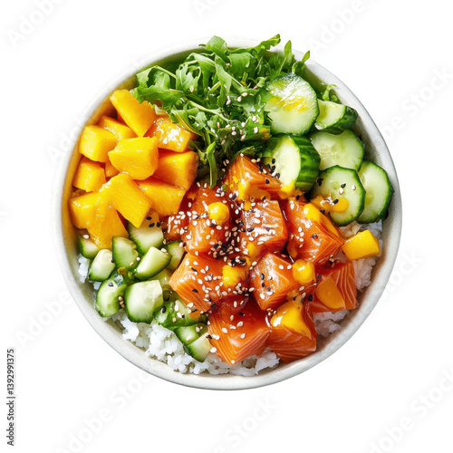 Delicious salmon poke bowl with mango cucumber and rice healthy eating and fresh ingredients recipe idea