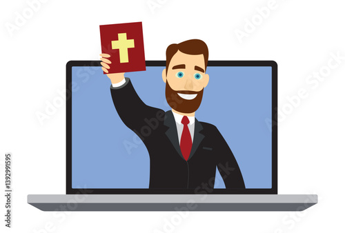 A pastor with a holy Bible conducts an online church ministry. A preacher preaches online. Watching online worship. Church online. Cartoon style. Internet sermon of a priest. Vector illustrations EPS 