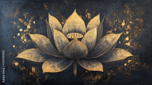A radiant artwork of a lotus flower adorned with golden leaf accents on a black canvas