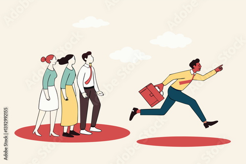 Initiative or unique attitude for leadership, courage or determination to get out of safe zone, limitation or entrepreneurship concept, courage businessman jump out of comfort zone to new chance.