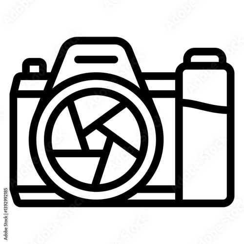 Camera with lens shutter line icon, photography concept. Vector graphics. Photocamera sign on white background, style mobile or design.