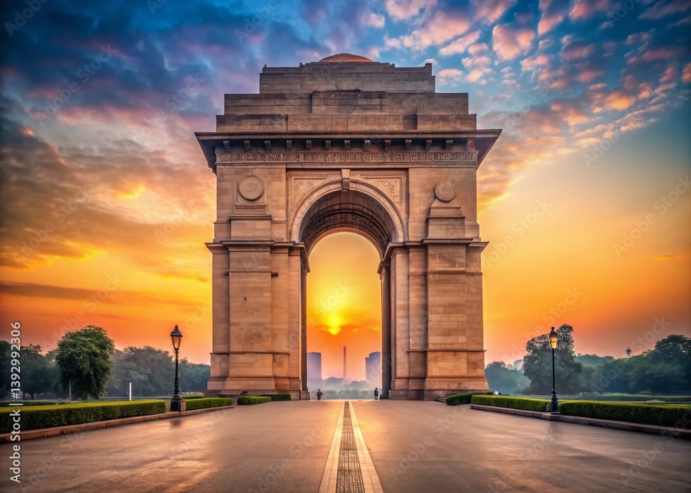 India Gate at Dawn A Majestic Sunrise over New Delhis Iconic Landmark Captured in Stunning Urban Exploration