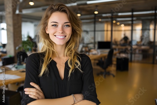 A confident woman with a radiant smile in the office setting Free Download A confident woman with a radiant smile in the office setting - GFXLoad