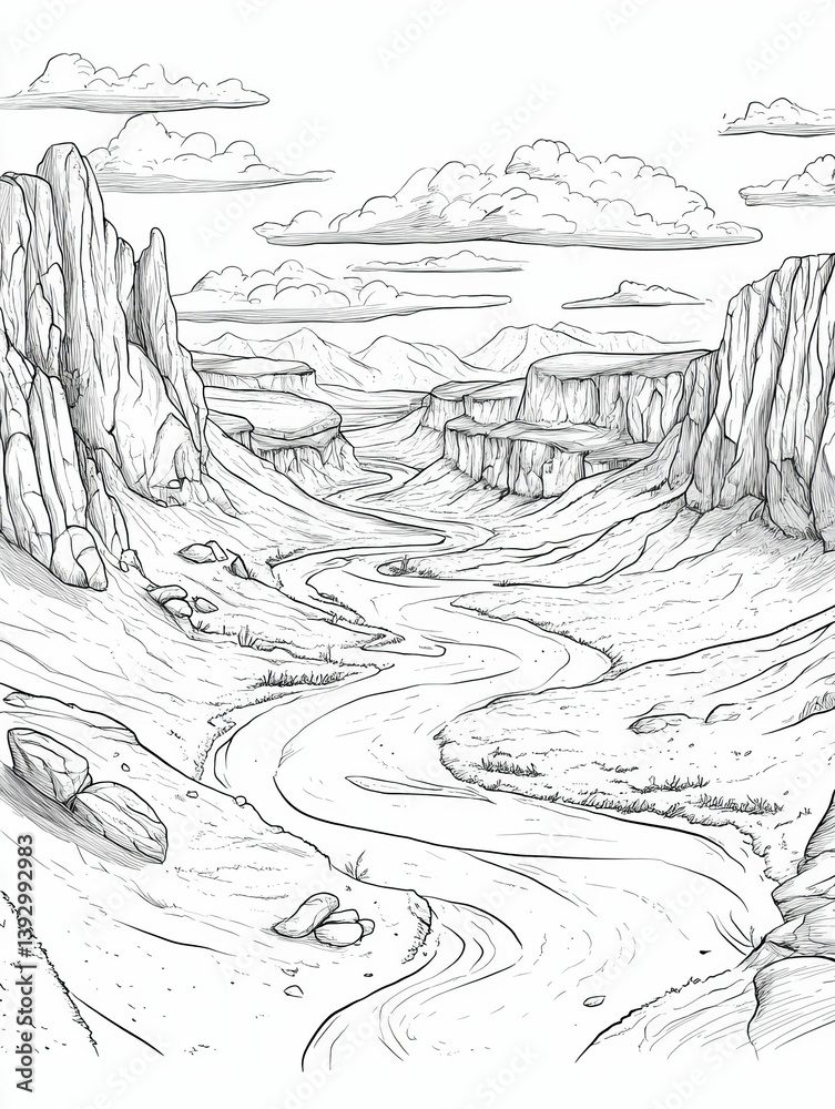 Fototapeta premium Sketch of a desert landscape with mountains and a winding river.