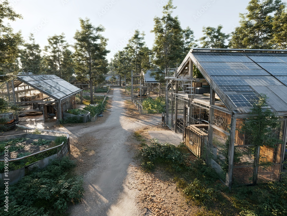 Serene Greenhouse Village: A sun-drenched village featuring glasshouses and well-tended gardens. It's an idyllic display of sustainable farming and ecological harmony. Serene Greenhouse Village: A sun-drenched village featuring glasshouses and well-tended gardens. It's an idyllic display of sustainable farming and ecological harmony.
