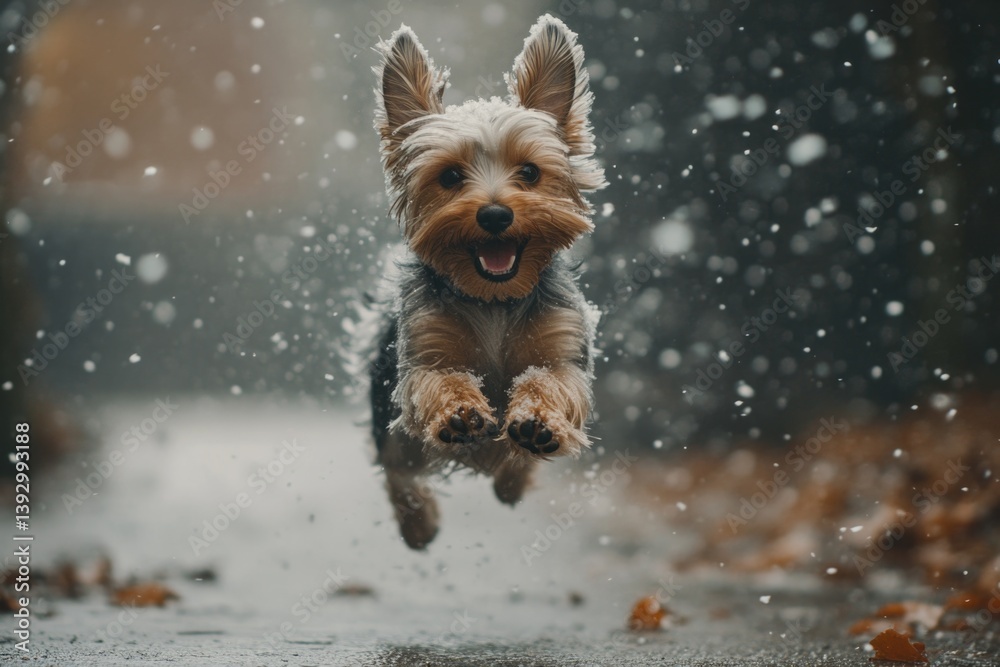 Small dog running in snow