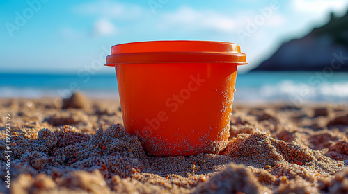 Bright orange sand bucket resting on a beach at sunrise  