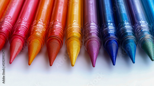 Colorful markers arranged in a row on a white background  