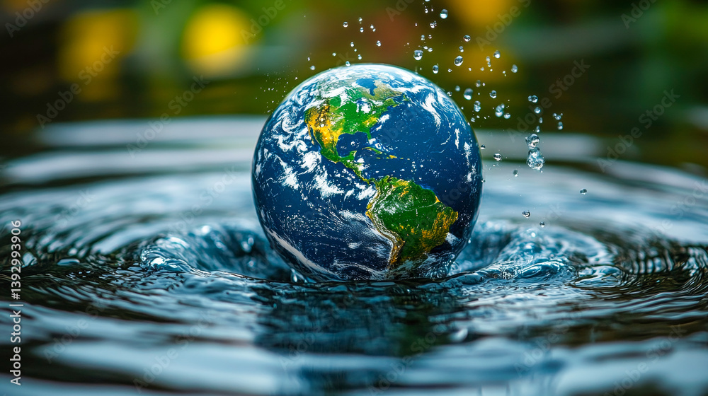 Earth globe splashing in water creating ripples Earth globe splashing in water creating ripples