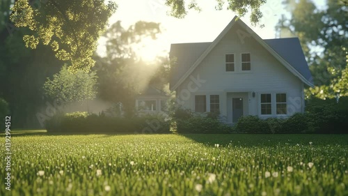 White Suburban House on Sunny Morning Lawn