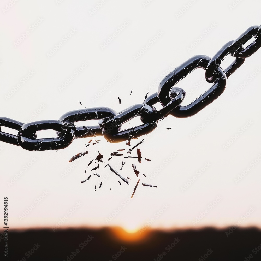 Fototapeta premium A close-up of a breaking chain against a sunset backdrop, symbolizing freedom and the release from constraints.