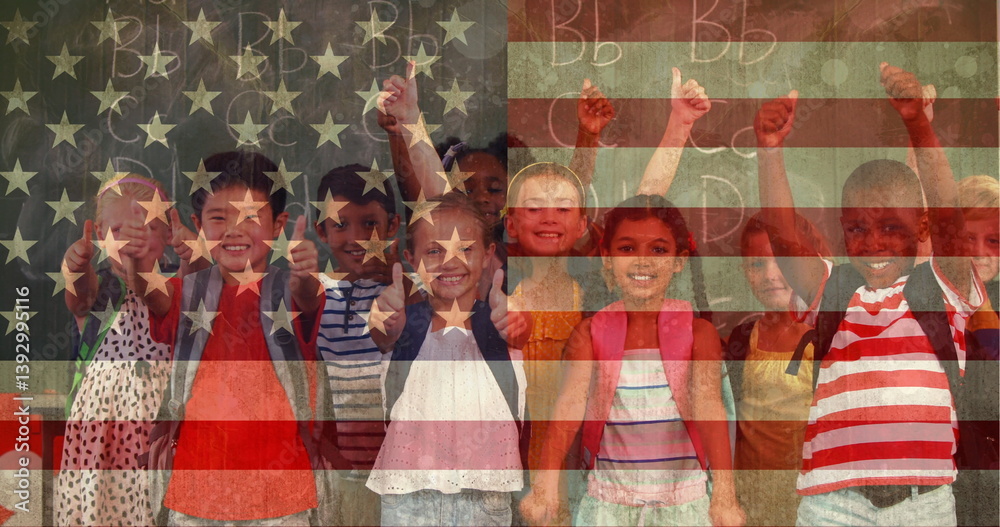 Naklejka premium Digital composite of multi-ethnic group of children at school with blackboard against american flag