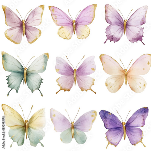 Watercolor butterfly clip art set pastel colors gold glitter accents for design and decoration projects