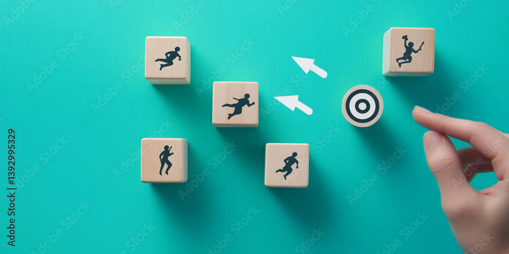 Wooden blocks with running figures aim towards a target, symbolizing goal achievement, competition, or strategic planning in business. Arrows show direction. Free space for text Wooden blocks with running figures aim towards a target, symbolizing goal achievement, competition, or strategic planning in business. Arrows show direction. Free space for text