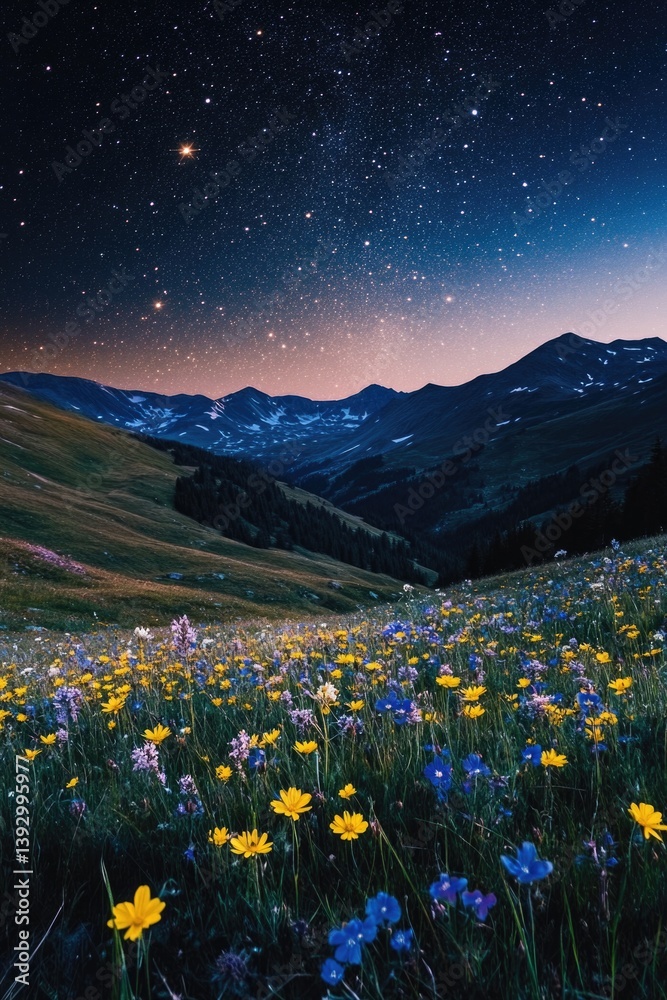 Wildflower Field with Mountain