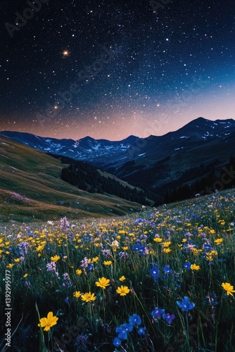 Wildflower Field with Mountain