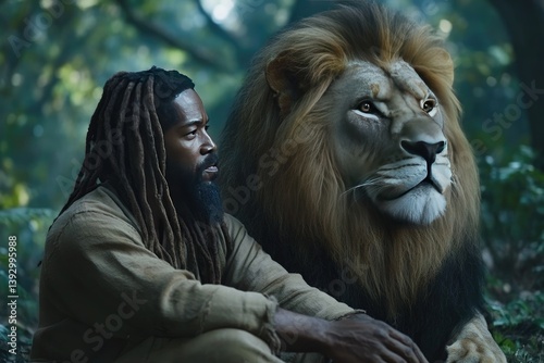 Man and Lion in a Forest
