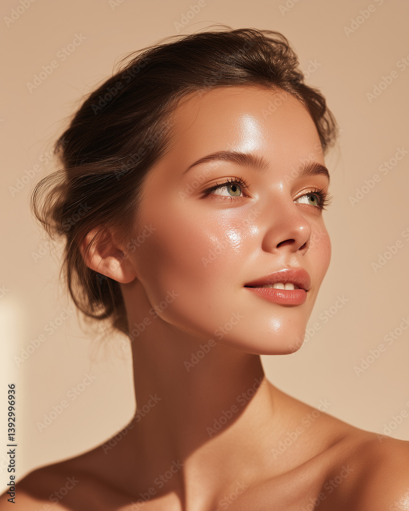 Fototapeta premium Beauty portrait of woman with glowing skin on beige background.