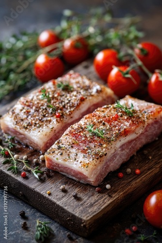 Obraz na płótnie Meat slices on cutting board w salonie