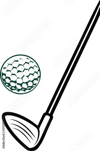 Stylized golf club and ball illustration with hexagonal dimples. Minimalist golf sport design with black club and green ball. Clean vector art of golf equipment for sports branding.