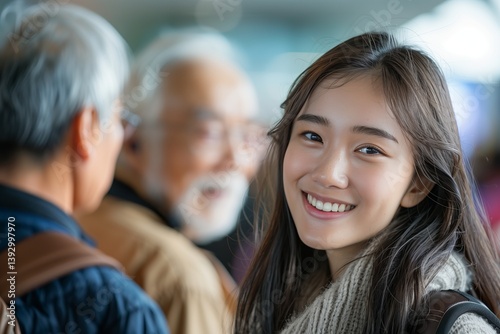 A joyful young woman smiles brightly amidst a bustling crowd, capturing the warmth of human connection.
