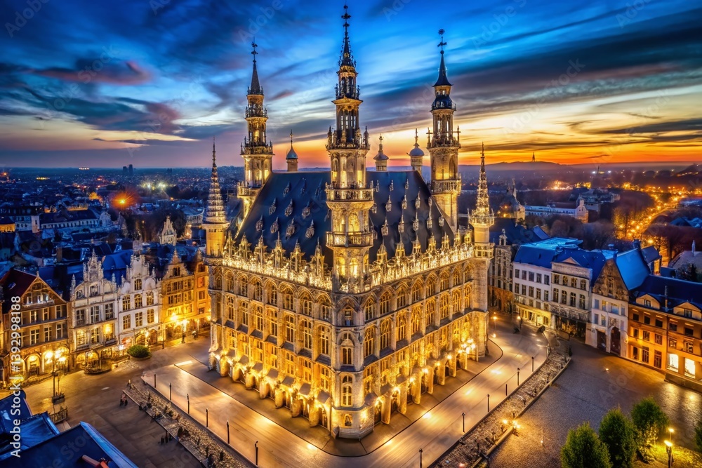 A Majestic Drone Shot of Leuven Town Hall at Night Stunning Belgian Architecture Illuminated Under a Starry Sky