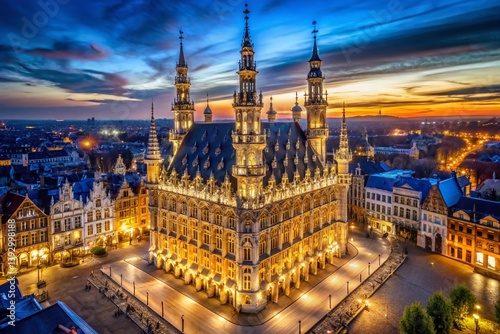 Obraz na płótnie A Majestic Drone Shot of Leuven Town Hall at Night Stunning Belgian Architecture Illuminated Under a Starry Sky w salonie