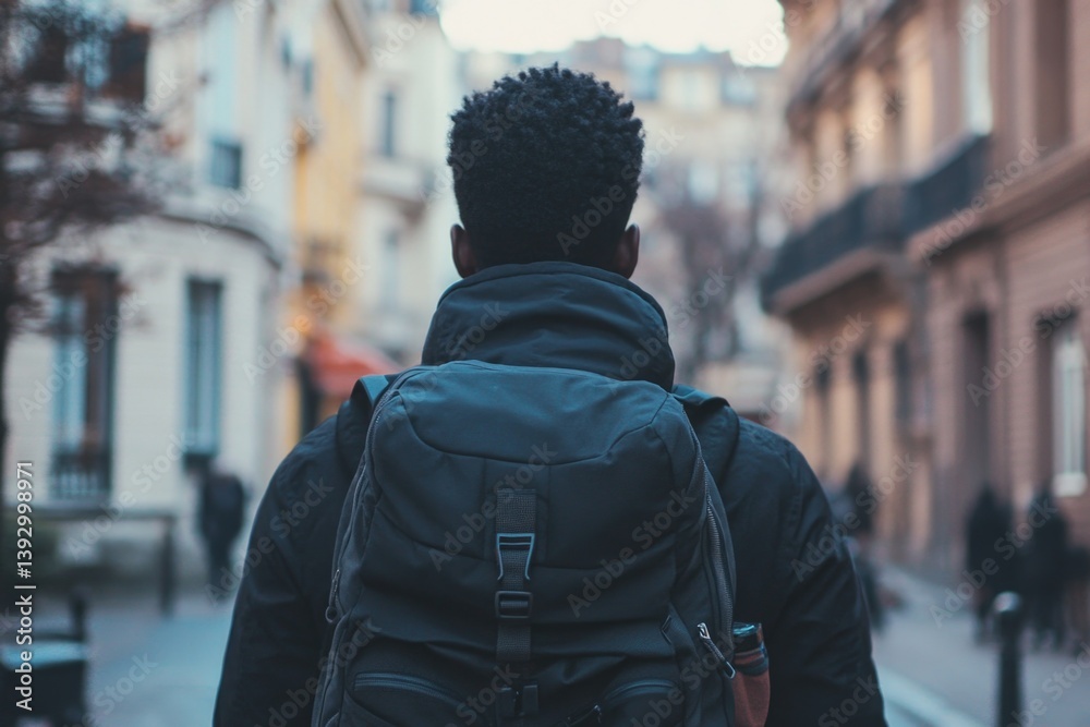 Obraz premium Man with Backpack on City Street