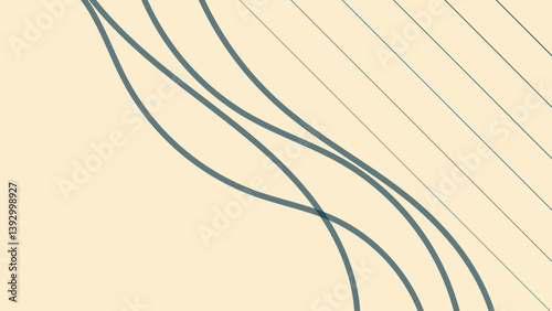 This image features a minimalist abstract design, showcasing flowing, curved lines in a muted teal color against a light beige backdrop.